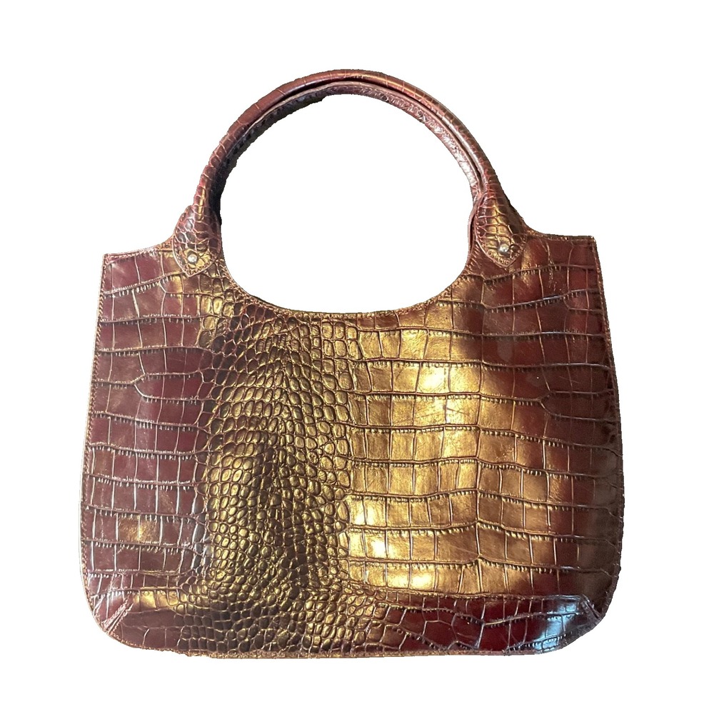 Forth & Towne Croc Embossed Leather Tote Bag Brown Large Shoulder Purse